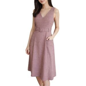 Sentubila Herringbone Tweed Jumper Dress Belted V Neck Midi Size L